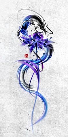 an artistic painting with blue and purple swirls on the side of a white wall