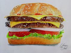 a drawing of a hamburger with cheese and ketchup