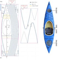 an image of a blue kayak cut out with measurements for the front and side