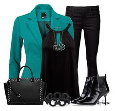 #PerfectOutfit Black Outfit Combinations, Turquoise Blazer Outfits For Women, Teal And Black Outfits, Turquoise Jacket Outfit, Teal Jacket Outfit, Turquoise Blazer Outfit, Shop By Outfit Women, Teal Blazer Outfit, Turquoise Jacket