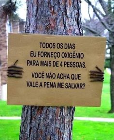 a sign attached to a tree that says, todos os dias e fonceo oxgieno para mais 4 pessos voca ques