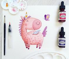 a watercolor painting of a pink unicorn with butterflies on it's back, surrounded by paintbrushes and paints