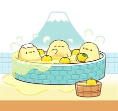 an animated image of three chicks in a bathtub