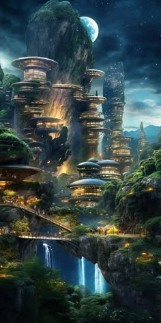 a futuristic city surrounded by mountains and waterfalls in the middle of a forest at night