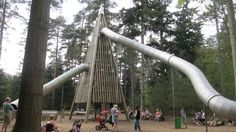 children are playing in the park with their parents and dads near a large wooden structure