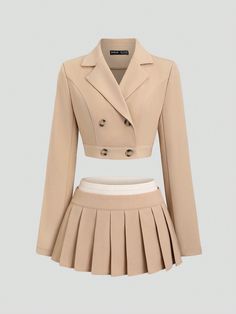 2pcs Set: Short Blazer Jacket With Waist Pleated Mini Skirt Y2K Outfit  Khaki Elegant  Long Sleeve Woven Fabric Plain  Non-Stretch  Women Clothing, size features are:Bust: ,Length: ,Sleeve Length: Mini Skirt Y2k Outfit, Y2k Mini Skirt Outfit, Senior Brunch, Birthday Wear, Y2k Mini Skirt, Short Blazer, Skirt Y2k, Miniskirt Outfits, Blazer And Skirt