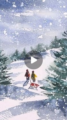 watercolor painting of two people walking up a snowy hill in front of evergreen trees