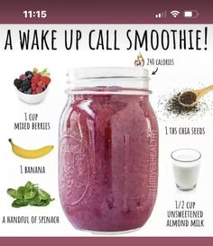 a jar filled with liquid and ingredients to make up a smoothie for breakfast or brunch