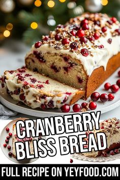 cranberry bliss bread with white frosting and pomegranates on top