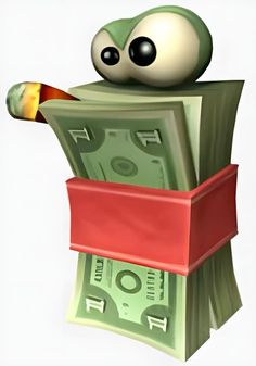 a cartoon character sitting on top of a stack of money with an eyeball in his mouth