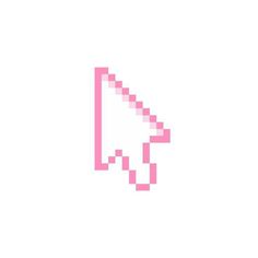 a pink pixelated video game logo on a white background with an arrow pointing to the right