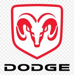 the dodge logo is shown in red on a white background, and there are two ram horns