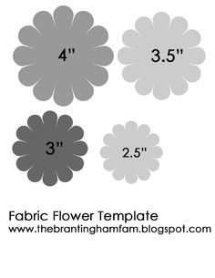 the fabric flower template is shown in three different colors and sizes, including grays, white