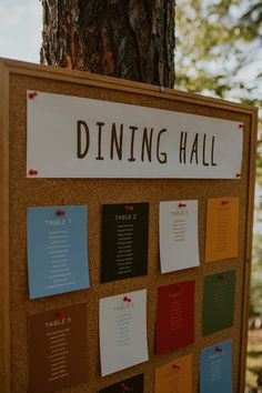 a cork board with several different types of paper on it and the words dining hall written on it