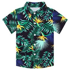 a black shirt with green and yellow tropical leaves on the front, all over print