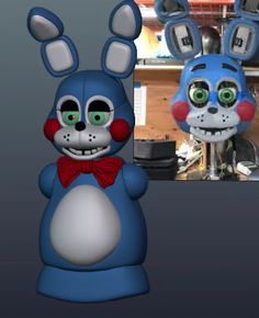 an animated blue bunny with green eyes and a red bow tie standing next to a computer monitor