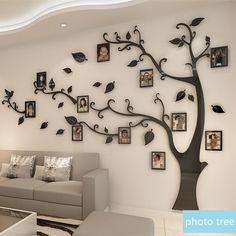 a living room with a couch, tree and many pictures on the wall behind it