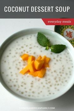 a bowl of coconut dessert soup on a table