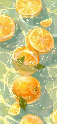 some oranges are floating in the water and on top of each other with leaves