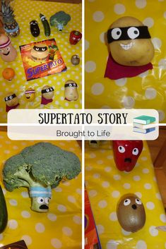 there are pictures of different foods and toys on the table with words that read, supertato story brought to life