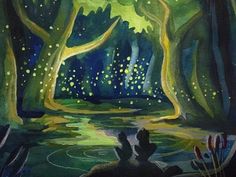 a painting of people sitting in the middle of a forest with fireflies flying overhead