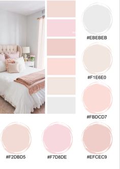 the color scheme for this bedroom is pale pink and white, with neutrals in it