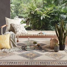 a living room filled with lots of furniture and plants on top of a rug in front of a window