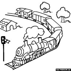 a black and white drawing of a train going down the tracks