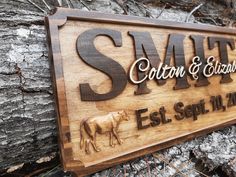 Size: Approx. 22″wide x 9″high x 3/4″ thick Wood carved rustic personalized Cattle Rancher Family Name Sign made from Select Pine. A perfect Ranch farmer’s Anniversary or Wedding gift. This custom wood carved plaque features the Family last name, the couple's first names and the Established date with a 3D wood carved Angus Bull on each side. Choose from the lists of 3D graphics to personalize just for you! *Sawtooth Hanger installed on back. This product is sealed with Minwax high quality spar u Angus Bull, Horse Stall Sign, Ranch Family, Unique Wood Carving, Last Name Wood Sign, Stall Signs, Harley Davidson Gifts, Ranch Sign, Cattle Ranch