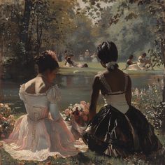 two women sitting on the ground in front of a lake with flowers and trees around them