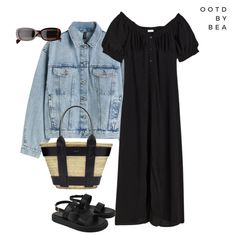 outfit.advisor auf LTK Jean Jacket Outfit, Summer Midi Dress, Jean Jacket Outfits, Straw Tote Bag, Dress Slim, Dress Flowy, Vacation Outfit, Jacket Outfit, Straw Tote