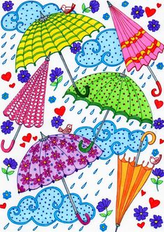 four colorful umbrellas with hearts and flowers in the rain on a white paper background