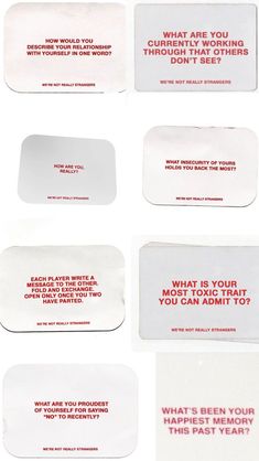 six white and red coasters that say what are you currently working for?