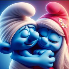 the smurfs are hugging each other with their eyes closed