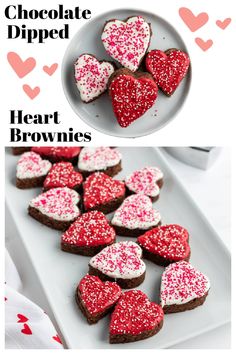 chocolate dipped heart brownies with sprinkles in the shape of hearts on a plate