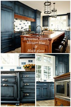 the kitchen is painted in dark blue and white