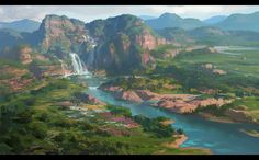 an artist's rendering of a waterfall in the middle of a valley with mountains surrounding it