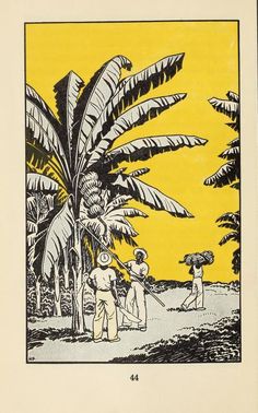 two men are standing under a palm tree in front of a yellow and black background