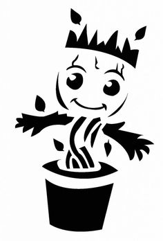 a black and white drawing of a potted plant with a crown on it's head