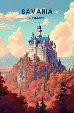 a castle with trees and mountains in the background