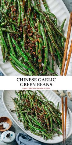 chinese garlic green beans served on a white plate with chopsticks and seasoning