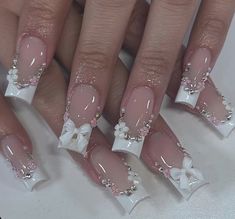 White Nails With White Designs, White French Birthday Nails, Pearl Like Nails, White Fairy Nails, Shorties Nails, Quinceanera Nails, Pretty Gel Nails