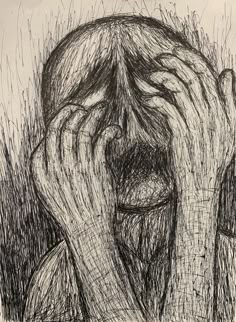 a drawing of a person covering their face with their hands