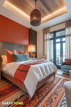 Warm Boho bedroom with orange accents, wooden ceiling, and cozy textiles. Unique Pendant Lights, Wooden Ceiling