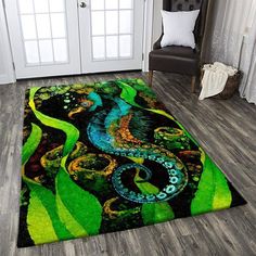 a living room with a large rug on the floor