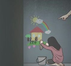 a person kneeling down in front of a wall with a house on it and rainbow above them