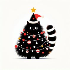 a black cat with a santa hat on top of a christmas tree