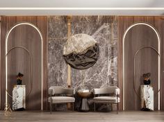 an elegant dining room with marble walls and chairs