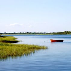 a red boat floating on top of a lake next to tall grass