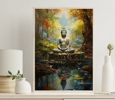 a buddha statue sitting on top of a wooden table